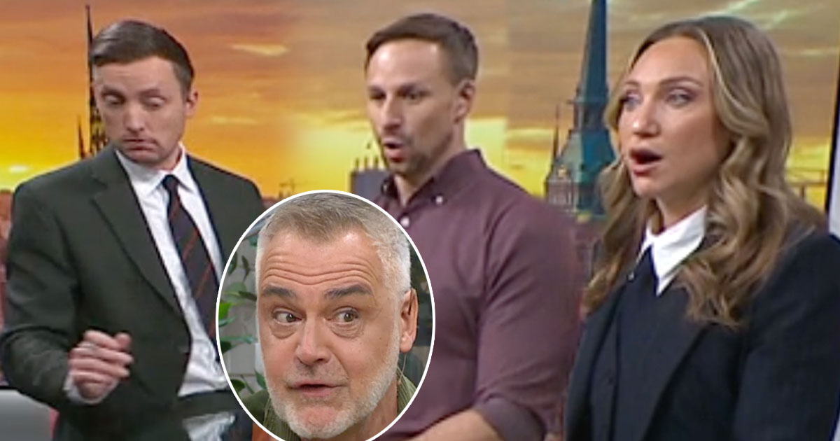 Efter fem-programledarna Axel Pileby, Filip Stiller Borowicz och Alexandra Li Letterfors intervjuade Ernst Kirchsteiger när det plötsligt small till i studion. Foto: TV4