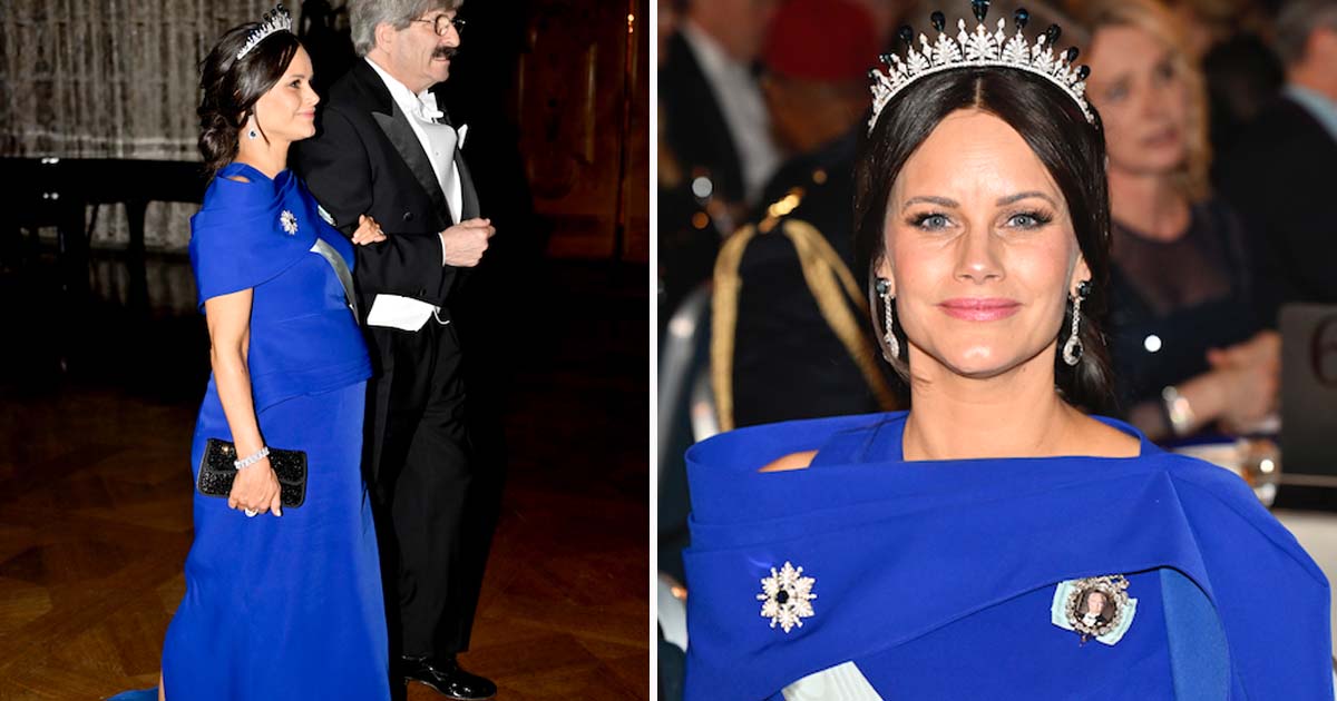 Prinsessan Sofia under Nobelmiddagen i en blå klänning.