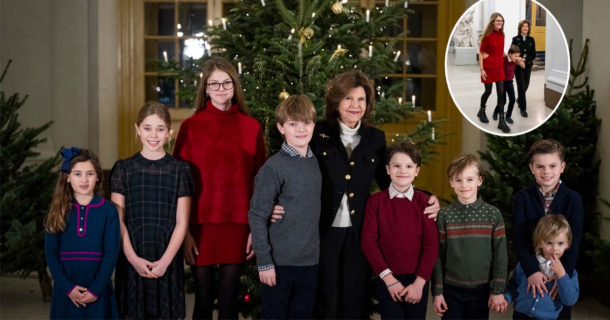 STOCKHOLM, SVERIGE 20241216 Prins Alexander med stukad fot får hjälp av kusinen prinsessan Estelle och farmor, drottning Silvia, att ta sig fram till årets julgranar i Kungliga slottet. Drottning Silvia tog emot granarna av Skogshögskolans studentkår och fick hjälp av barnbarnen att klä dem. Foto: Pontus Lundahl / TT