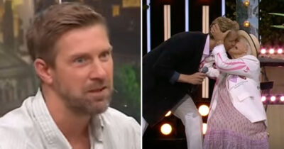 Linus Wahlgren om Christina Schollins kyss i Allsång på Skansen. Foto: TV4 & SVT