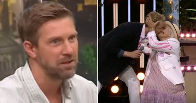 Linus Wahlgren om Christina Schollins kyss i Allsång på Skansen. Foto: TV4 & SVT