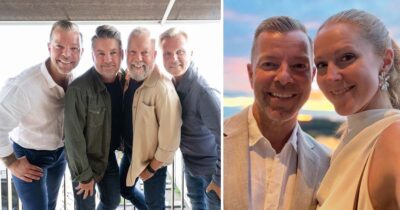 Arvingarna med Casper Janebrink, Kim och Tommy Carlsson samt Lars "Lasseman" Larsson. Till höger: Casper med hustrun Therese Andersson. Foto: Fredrik Sandberg/TT & Instagram @casperjanebrink