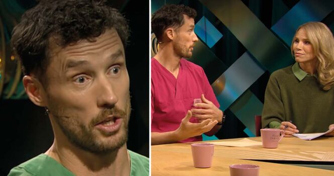 Jens Persson, läkare i SVT:s "Fråga doktorn" som leds av programledaren Sofia Rågenklint. Foto: SVT