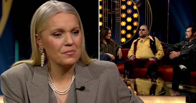 Carina Bergfeldt gästas av Melodifestivalaktuella rockbandet Korslagda. Foto: SVT