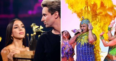 Gina Dirawi, Hampus Nessvold och Junior Lerin i Melodifestivalen 2026. Foto: Henrik Montgomery/TT