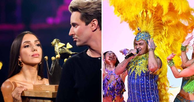 Gina Dirawi, Hampus Nessvold och Junior Lerin i Melodifestivalen 2026. Foto: Henrik Montgomery/TT