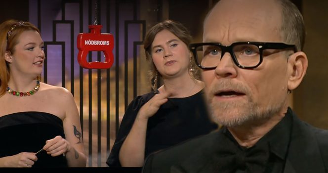 På spåret-final 2026: Kirsty Armstrong och Hanna Lublin Niklasson, samt programledaren Kristian Luuk. Foto: SVT