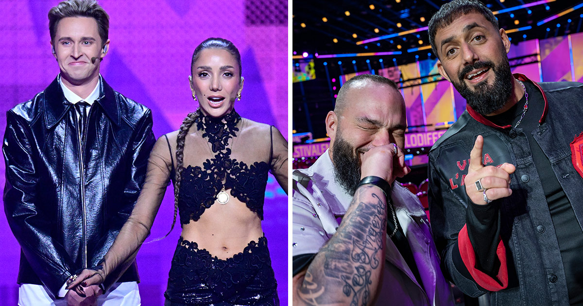 Programledarna i Melodifestivalen och Medina.