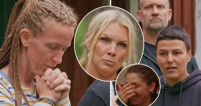 Farmen-deltagarna Stephanie, Vanessa, Jörgen och Angelica. Programledare är Anna Brolin. Foto: TV4