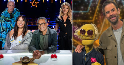 Talang jury 2027: Michael Lindgren, Molly Hammar, David Batra och Kristina "Keyyo" Petrushina. Programledare Per Lärnström och dockan Tord. Foto: Nathalie Ulinder Cuti/TV4