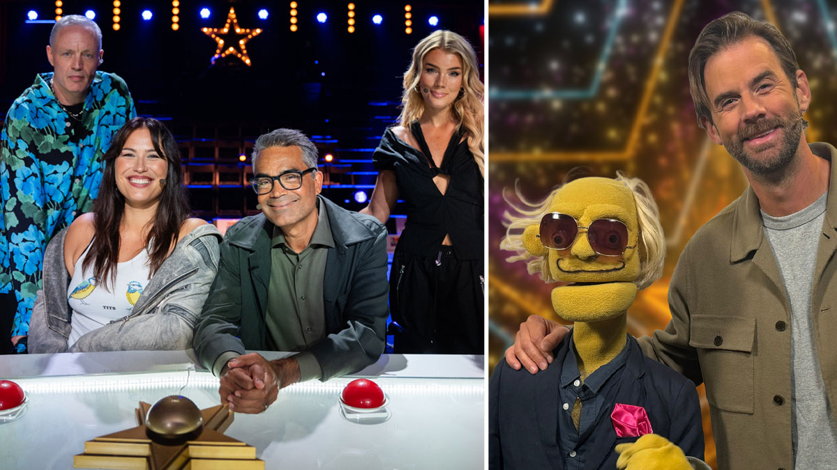 Talang jury 2027: Michael Lindgren, Molly Hammar, David Batra och Kristina "Keyyo" Petrushina. Programledare Per Lärnström och dockan Tord. Foto: Nathalie Ulinder Cuti/TV4