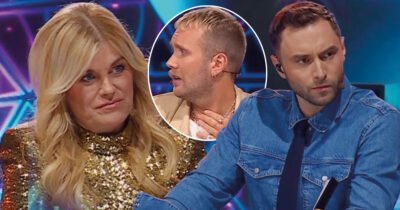 Pernilla Wahlgren, Edvin Törnblom och Måns Zelmerlöw i Masked Singer. Foto: TV4