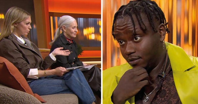 Toussaint ”Tusse” Chiza hos Karin Frick och Pernilla Månsson Colt i "Sverige live". Foto: SVT