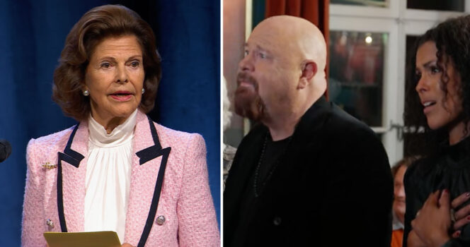 Drottning Silvia i Demenskören med Anders Bagge och Sofia Lilja. Foto: SVT