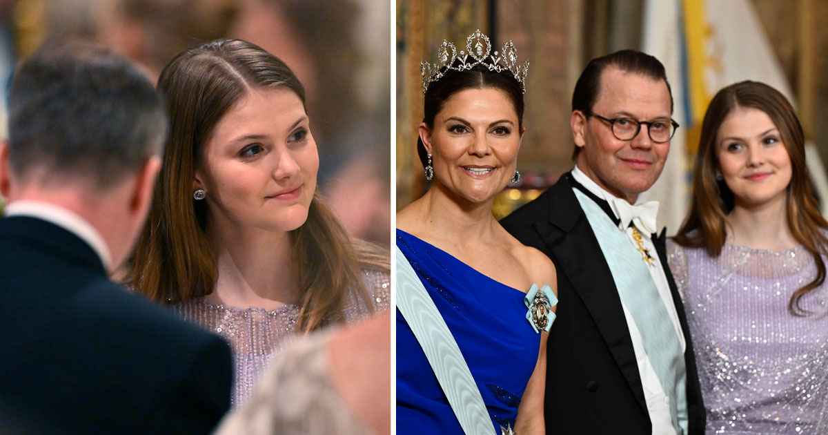 Prinsessan Estelle med mamma kronprinsessan Victoria och prins Daniel på kungens 80-årsmiddag. Foto: Henrik Montgomery/TT & Christine Olsson/TT
