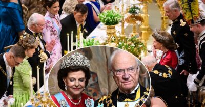 STOCKHOLM, SVERIGE 20260430 Kung Carl XVI Gustaf tackar drottning Silvia efter att hon hållit tal till kungen, när kungen firar sin 80-årsdag på Stockholms slott. Drottningen kastar en slängkyss tillbaka. Foto: Henrik Montgomery / TT & Pontus Lundahl/TT