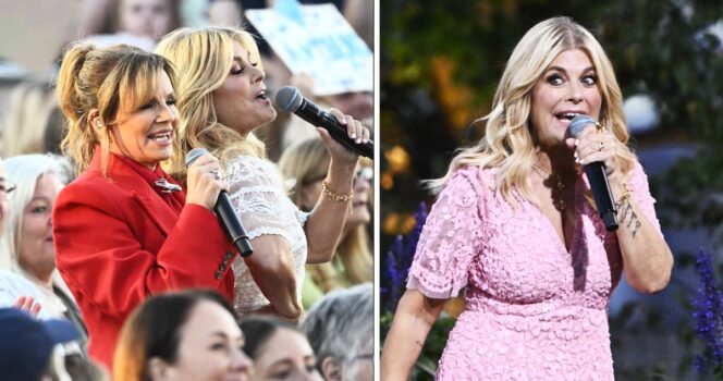 Pernilla Wahlgren och Lena Philipsson i säsongsfinalen av Allsång på Skansen 2026. Foto: Fredrik Sandberg/TT