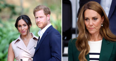 Meghan Markle och prins Harry till vänster. Kate Middleton till höger.