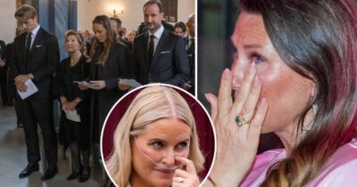 Sverre Magnus, Sonja, Ingrid Alexandra och Haakon på minnesgudstjänst för kung Harald. Mette-Marit och Märtha-Louise saknades. Foto: Cornelius Poppe/NTB/TT & Lise Åserud/NTB/TT & Stian Lysberg Solum/NTB/TT