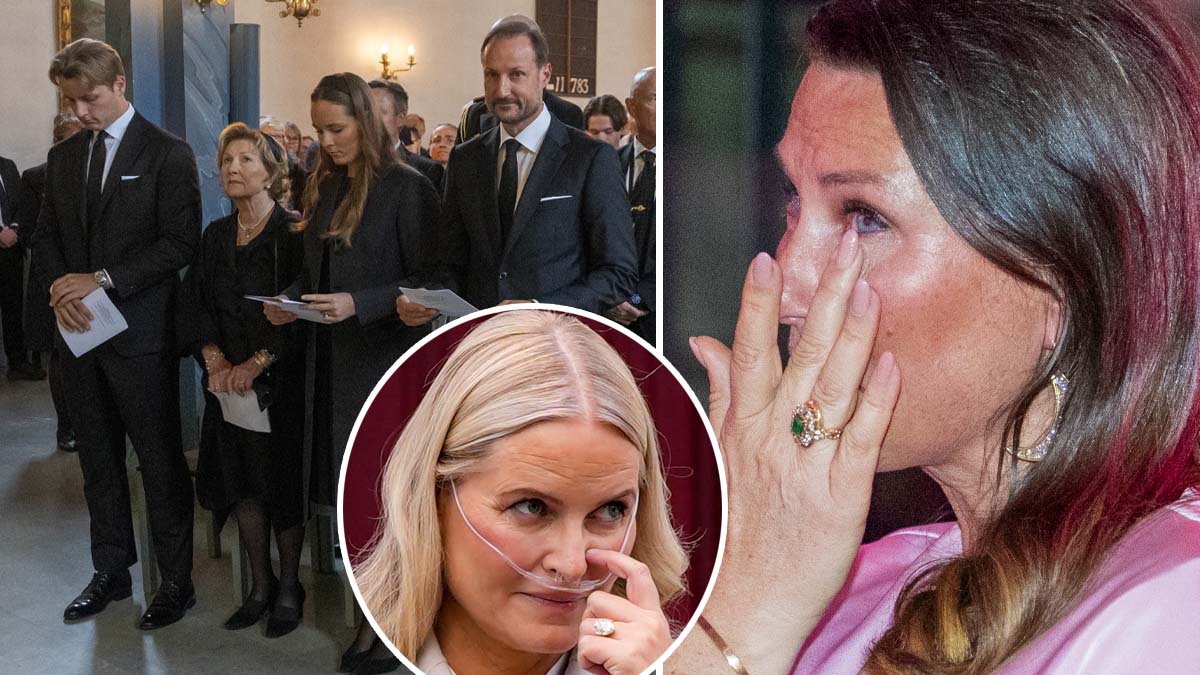Sverre Magnus, Sonja, Ingrid Alexandra och Haakon på minnesgudstjänst för kung Harald. Mette-Marit och Märtha-Louise saknades. Foto: Cornelius Poppe/NTB/TT & Lise Åserud/NTB/TT & Stian Lysberg Solum/NTB/TT