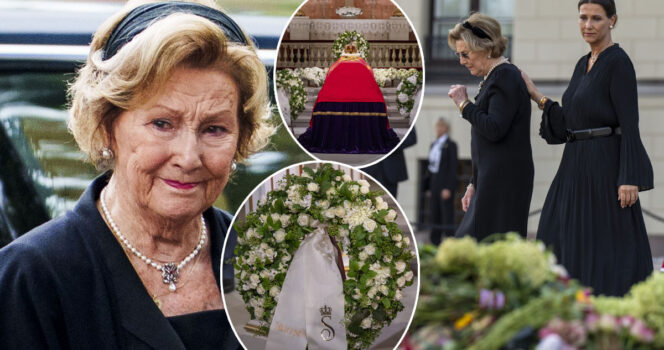 Drottning Sonja sörjer sin make kung Harald. Till höger: drottning Mette-Marit. Foto: Javad Parsa / NTB / TT & Cornelius Poppe / NTB / TT