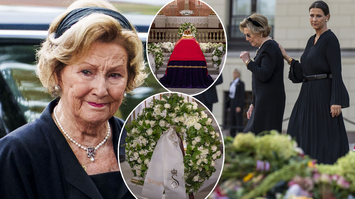 Drottning Sonja sörjer sin make kung Harald. Till höger: drottning Mette-Marit. Foto: Javad Parsa / NTB / TT & Cornelius Poppe / NTB / TT