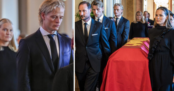 Marius Borg Höiby vid kung Haralds kista. Foto: Lise Åserud / NTB / TT & Ole Berg-Rusten / NTB / TT