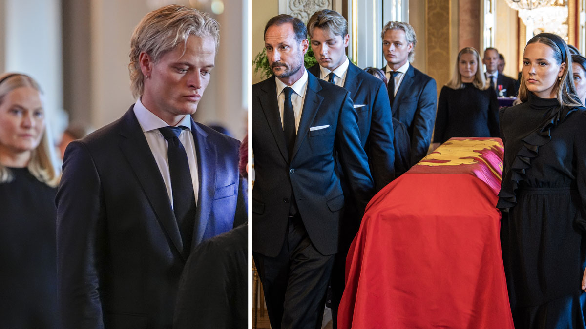 Marius Borg Höiby vid kung Haralds kista. Foto: Lise Åserud / NTB / TT & Ole Berg-Rusten / NTB / TT