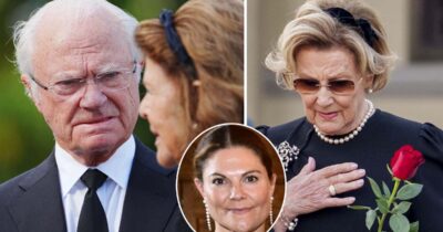 Kung Carl XVI Gustaf, drottning Silvia, kronprinsessan Victoria och drottning Sonja. Foto: Magnus Lejhall/TT & Javad Parsa/NTB/TT & Jonas Ekströmer/TT