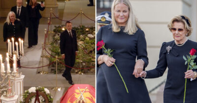 Kung Haralds kista. Mette-Marit och Sonja till höger. Foto: NRK/NTB/TT & Javad Parsa/NTB/TT