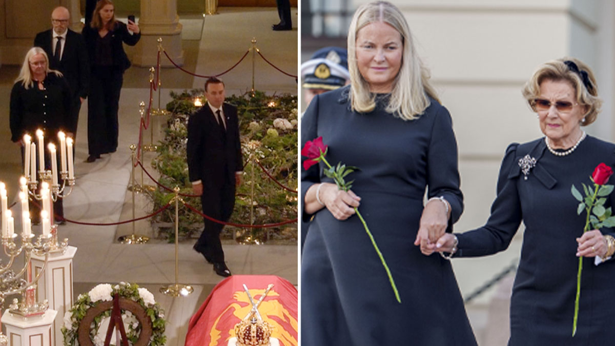 Kung Haralds kista. Mette-Marit och Sonja till höger. Foto: NRK/NTB/TT & Javad Parsa/NTB/TT