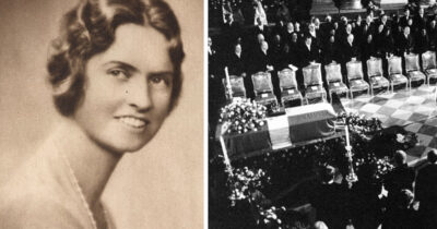 Porträtt av prinsessan Sibylla samt bild från hennes begravning, med kista täckt av flaggan, blommor och sörjande i kyrkan