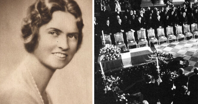 Porträtt av prinsessan Sibylla samt bild från hennes begravning, med kista täckt av flaggan, blommor och sörjande i kyrkan
