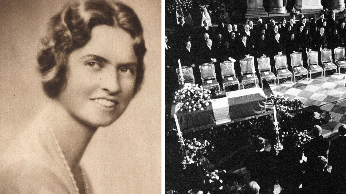 Porträtt av prinsessan Sibylla samt bild från hennes begravning, med kista täckt av flaggan, blommor och sörjande i kyrkan