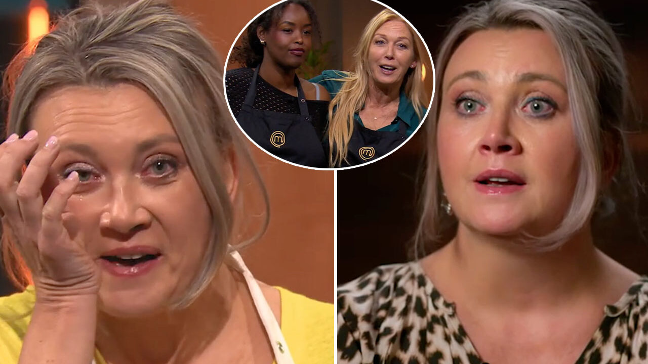 Camilla Läckberg torkar tårar under en intervju, infogad bild visar henne i förkläde med en medtävlande i Sveriges Mästerkock VIP