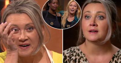 Camilla Läckberg torkar tårar under en intervju, infogad bild visar henne i förkläde med en medtävlande i Sveriges Mästerkock VIP