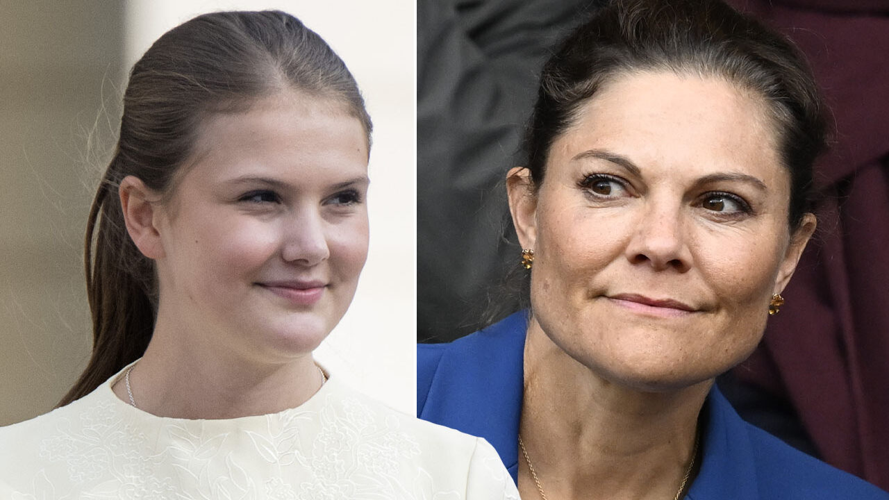 Prinsessan Estelle i vit klänning och kronprinsessan Victoria i blå kavaj, närbilder på deras ansikten