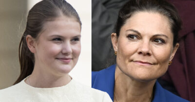 Prinsessan Estelle i vit klänning och kronprinsessan Victoria i blå kavaj, närbilder på deras ansikten