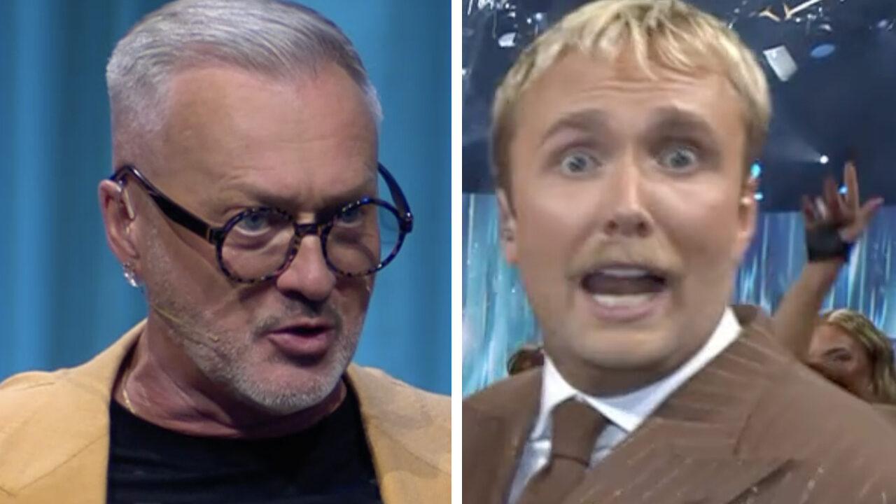 Irving med allvarlig min i studion, och Törnblom med förvånad min på scen