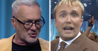 Irving med allvarlig min i studion, och Törnblom med förvånad min på scen