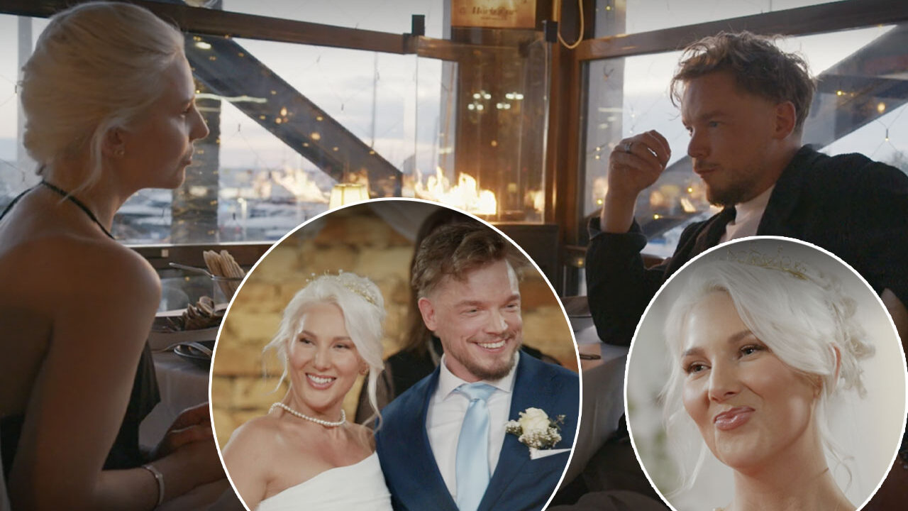 Olivia och Urban möts på restaurang, med bilder från deras bröllop där de poserar leende tillsammans