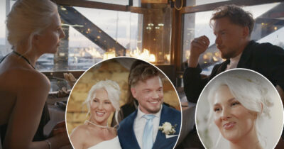 Olivia och Urban möts på restaurang, med bilder från deras bröllop där de poserar leende tillsammans