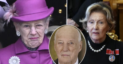 Dronning Margrethe i lilla hatt, kong Harald og dronning Sonja med medaljer og perlekjede