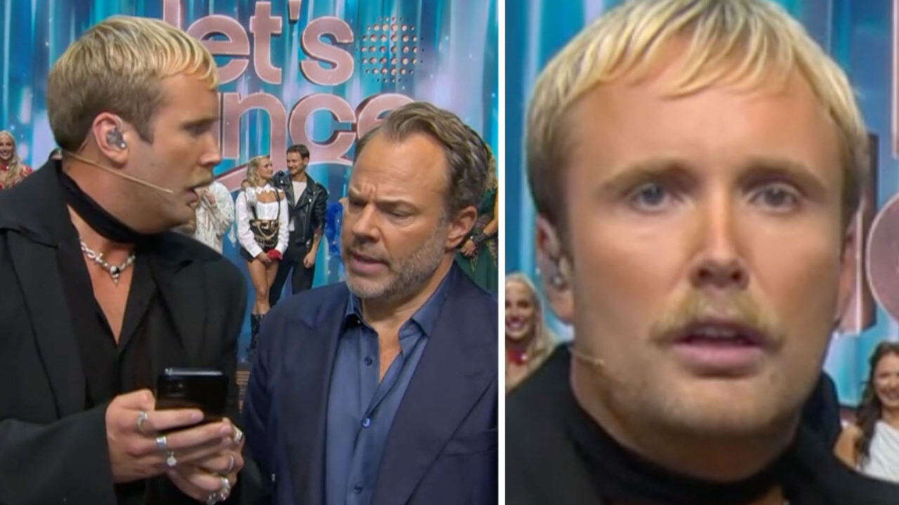 Edvin Törnblom visar något i mobilen för David Hellenius på scenen i Let's Dance, med en närbild på Törnbloms ansikte till höger