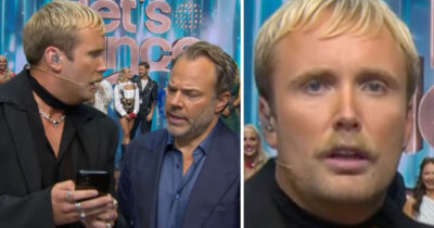 Edvin Törnblom visar något i mobilen för David Hellenius på scenen i Let's Dance, med en närbild på Törnbloms ansikte till höger