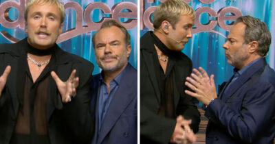David Hellenius gestikulerar bredvid en Edvin Törnblom på Let's Dance-scenen, i nästa bild pratar de intensivt ansikte mot ansikte