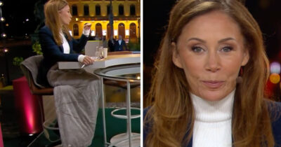 Tilde de Paula Eby i tv-sändning utomhus på kvällen samt närbild på samma henne i studio