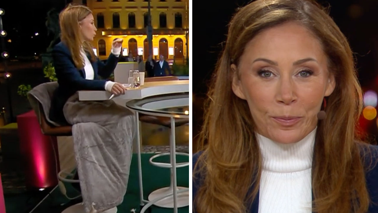 Tilde de Paula Eby i tv-sändning utomhus på kvällen samt närbild på samma henne i studio