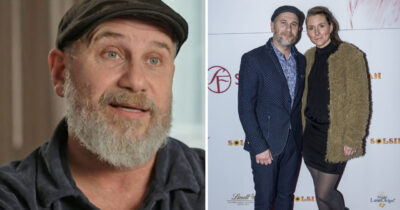 Marko "Markoolio" Lehtosalo i keps, samt i kavaj tillsammans med ex-hustrun Jessica Westergård i svart klänning på röda mattan