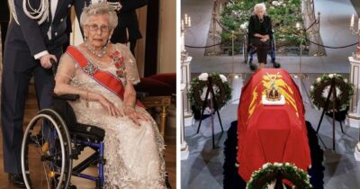 Prinsessan Astrid i galaklänning i rullstol samt vid kung Haralds kista täckt med flaggdekorerad duk. Foto: Terje Pedersen/NTB/TT & Ola Vatn / Kongehuset/TT